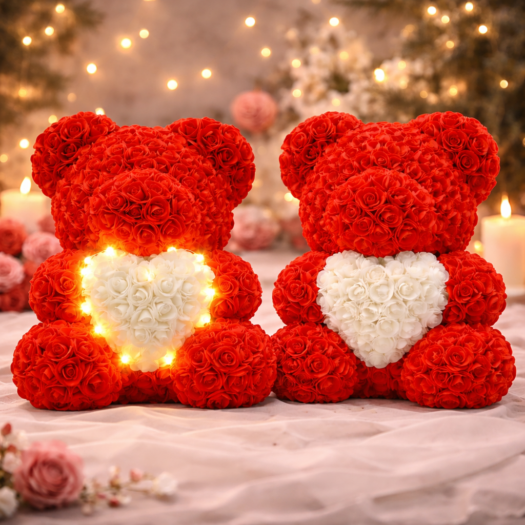Rosenbär rot mit Leds und Rosenbär rot ohne Leds 